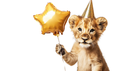 Lion cub sitting and holding a gold star shaped balloon in its paws on a plain background
