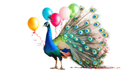 Colorful peacock standing next to a cluster of vibrant balloons in a bright outdoor setting