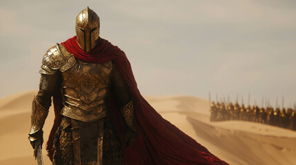 Majestic Warrior Emperor Standing Proudly on Sand Dune with a Vibrant Red Cloak Flowing