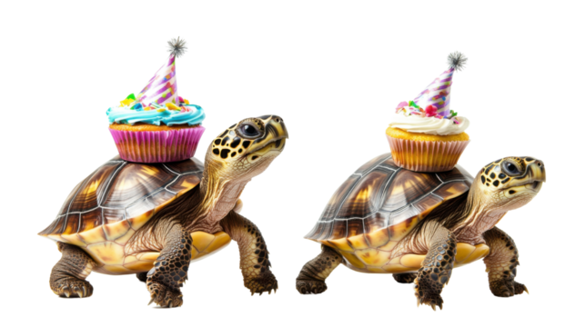 Two turtles with colorful cupcakes balanced on their heads in a playful outdoor setting