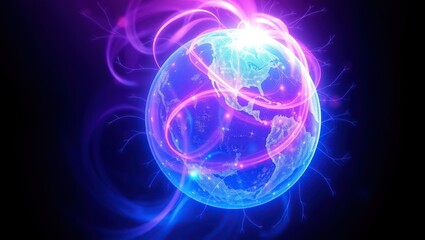 Fototapeta premium Glowing blue and pink digital earth orb, radiating a mesmerizing aura, surrounded by vibrant, swirling light trails that emanate from its core, with delicate, feathery tendrils stretching outward.