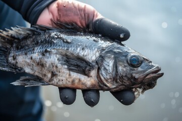 Oil contaminated fish held by a gloved hand in a polluted water environment