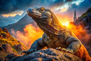 Fototapeta premium Komodo Dragon Basking in Morning Sun, Komodo Island, Indonesia - Wildlife Photography