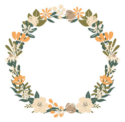 Floral wreath. Wild Flowers and leaves circle frame. Botanical design element with delicate blossomed plants. Floristic nature decoration. Flat vector illustration isolated on white background.