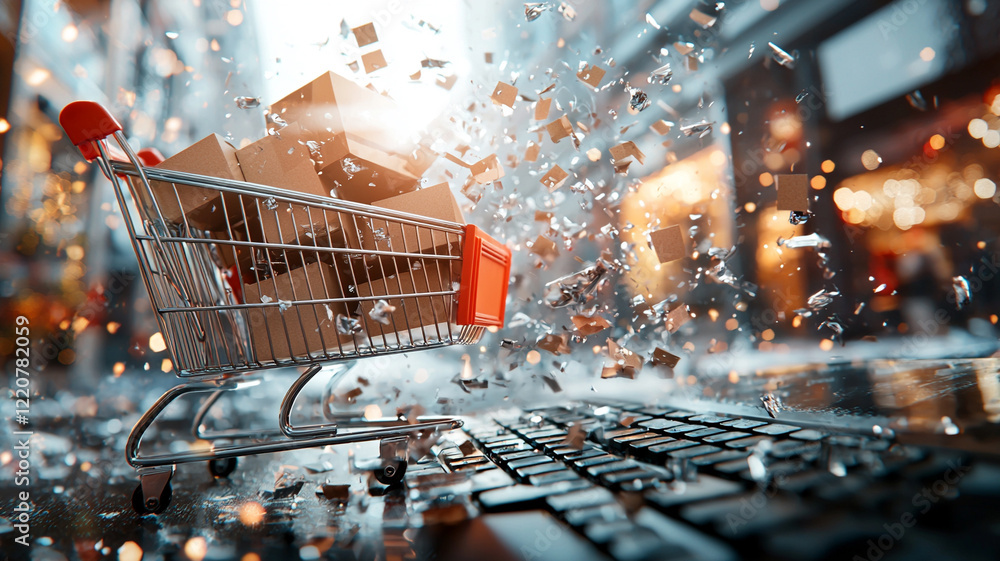 Fototapete Exploding Shopping Cart A Dynamic Visual Metaphor for Online Retail