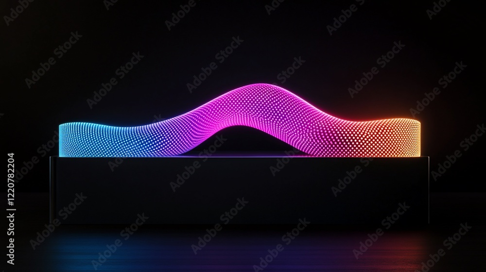 Poster abstract 3d wave of moving glowing dots with vibrant gradient on dark background