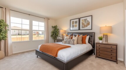 Obraz premium Cozy Master Bedroom with Geometric Wall Art and Light Decor