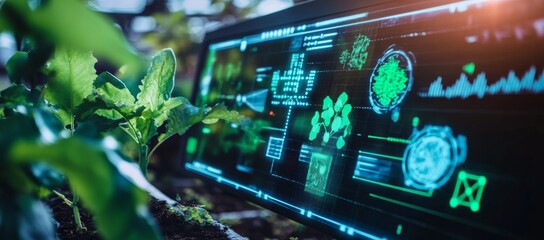 Advanced computer screen displaying plant data amidst green leaves showcasing modern agriculture and digital collaboration among farmers