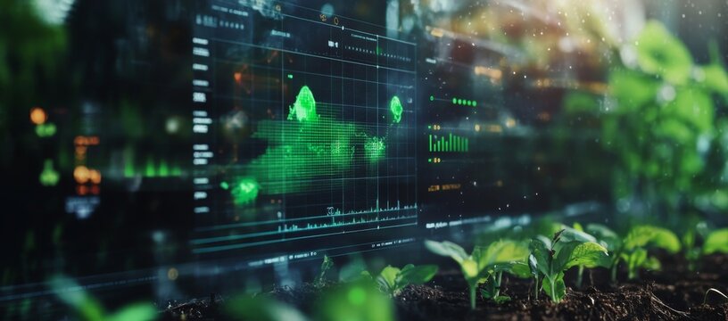 Advanced computer screen displaying plant data amidst green leaves showcasing modern agriculture and digital collaboration among farmers