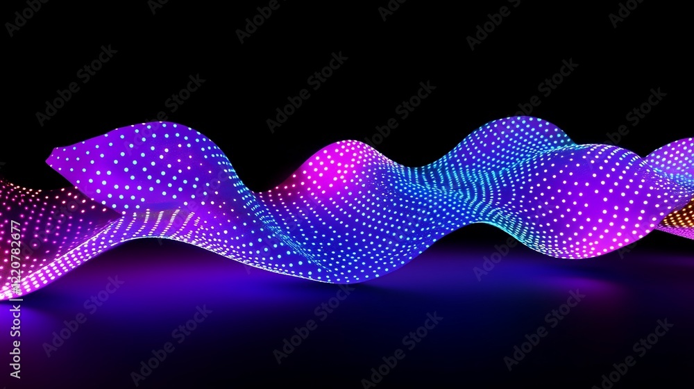 Poster a 3d vector design of a wave of moving dots glowing with vibrant colors on a dark background