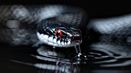 Fototapeta premium Snake Emerging from Water: A red black snake slithering out of a calm forest stream. The water ripples around its body. Reptile. Wildlife. Snakes.