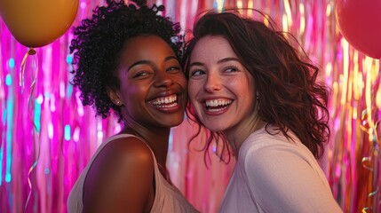 A lively birthday party scene with a Black woman and a Caucasian woman dancing joyfully, filled with laughter and happiness, surrounded by streamers, balloons, and an upbeat atmosphere.