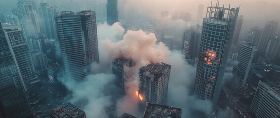 Cinematic aerial view of a futuristic city engulfed in smoke after explosions, showcasing a dystopian urban landscape