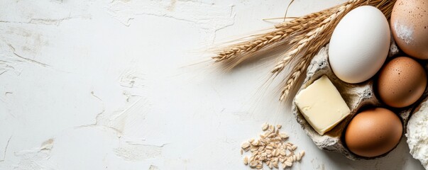 High quality baking ingredients including eggs, butter, and wheat on a white background with ample copy space for product or recipe text