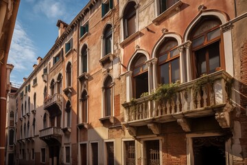 Fototapeta premium Historic Venetian architecture with ornate windows and balconies under a bright blue sky in sunlight