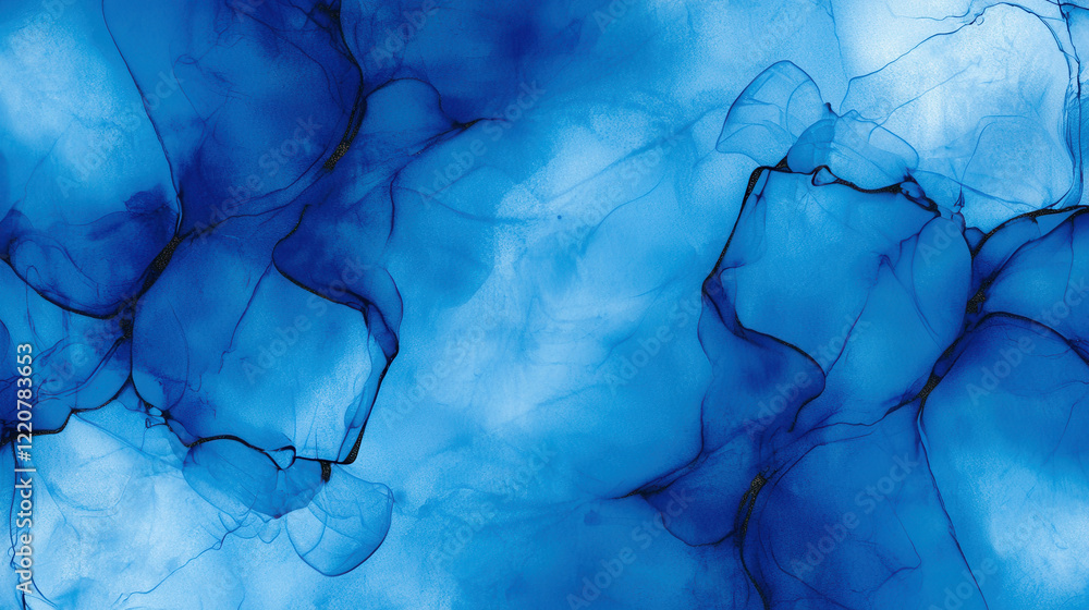 Poster artistic background with swirling blue ink curves and flowing patterns for creative use