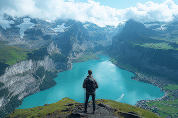 Photo d&rsquo;un homme en randonn&eacute;e sur un sentier de montagne avec vue panoramique