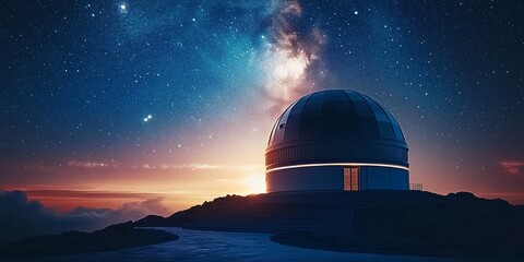 Obraz premium A serene observatory dome sits atop a mountain as the twilight sky sparkles with countless stars and the Milky Way stretches across the horizon, creating a captivating scene