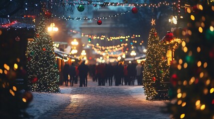 Obraz premium Christmas market celebration city street photography winter wonderland from sidewalk festive spirit
