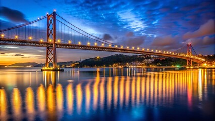 Fototapeta premium Lisbon Night Panorama: Modern Cable-Stayed Bridge Illuminates Cityscape