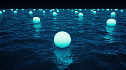 Eerie Ocean Scene with Pitch Black Water and Luminescent Spheres Floating Above the Surface