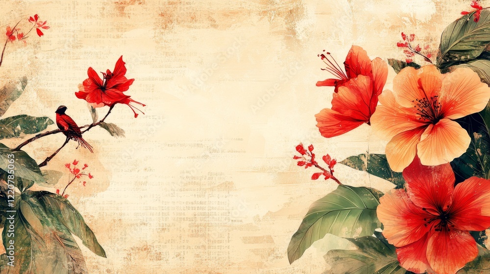 Poster artistic rendering of hibiscus flowers and a red bird on a vintage textured background creating a se