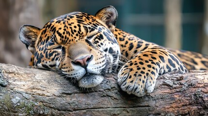Obraz premium A close-up of a jaguar resting on a tree branch in the rainforest, looking calm and alert. 