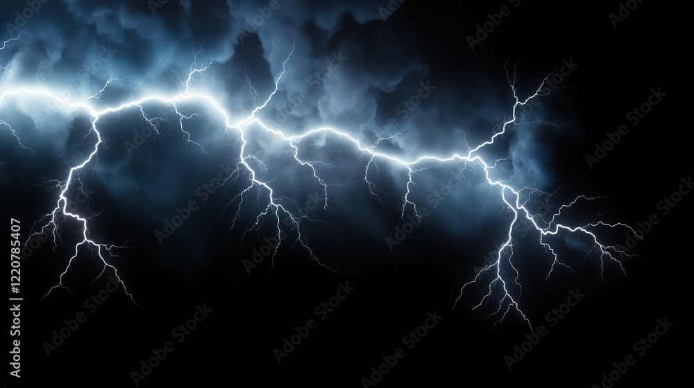 Poster dramatic lightning strikes illuminating dark clouds with intense electric energy in a transparent ba