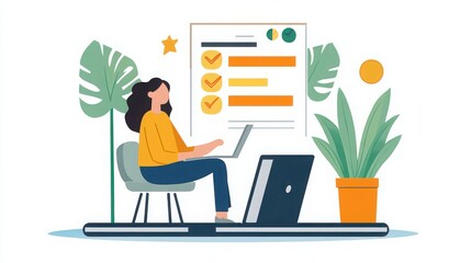 A worker participating in an employee engagement survey on a laptop.