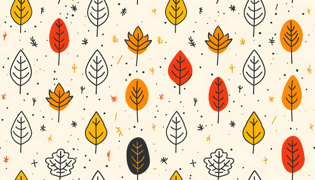 A colorful pattern of various stylized leaves on a light background.