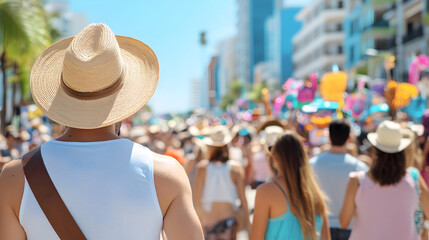 Man in a straw hat enjoying a vibrant outdoor festival with a large crowd of people wearing summer attire and colorful decorations on a sunny day in the city. Selective focus