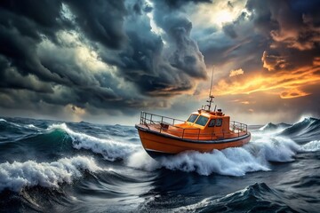 Obraz premium Lonely Orange Lifeboat in Stormy Sea - Dramatic Ocean Scene Stock Photo