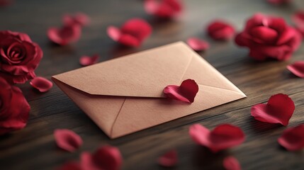 Romantic valentine's day love letter with rose petals on wooden table