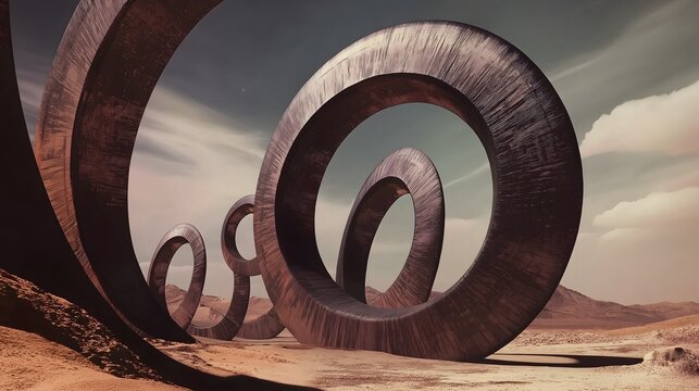 Monumental architectural sculpture featuring spiral geometric industrial installation artistic desert landscape dramatic contemporary minimalist architectural curved composition