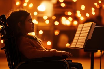 Young asian girl in wheelchair joyfully observing music notes with warm bokeh lights