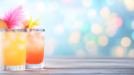 Tropical cocktails with colorful decorations and glittering sugar rims, creating an inviting and joyful atmosphere. Selective focus. Good for marketing campaigns, party promotions, hospitality visuals