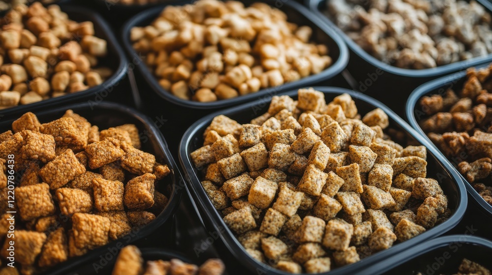 Poster close-up of assorted crunchy snacks in black containers arranged for a vibrant display