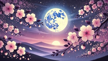 Fototapeta premium Blossoming Night Harmony Under the Full Moon Glow