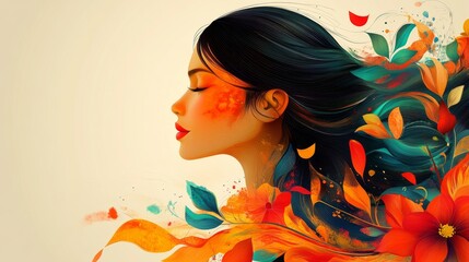 Naklejka premium Vibrant Woman with Flowing Hair and Floral Accents in Artistic Composition