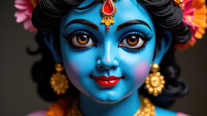 A close-up depicts a vibrant blue representation of Krishna, adorned with flowers and jewelry. Concept of divine spirituality and tradition.