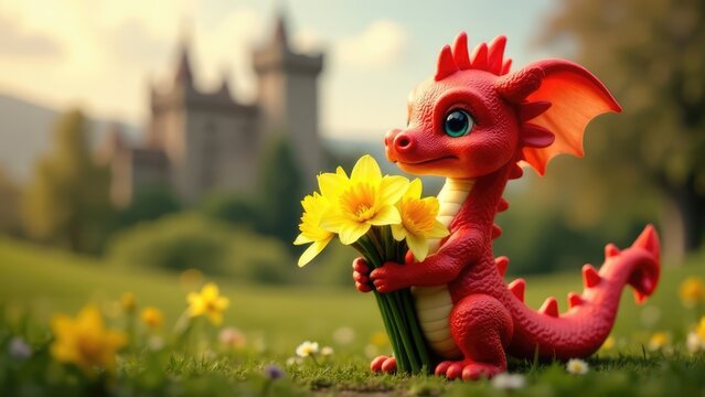 A red Welsh dragon is holding a bunch of yellow daffodils with a castle in the blurred background.
Concept of: Welsh fairytale. Saint David's Day