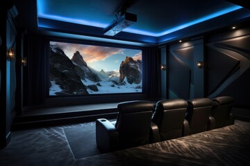 A home theater setup with a high-resolution 3D projector, comfortable seating, and vibrant visuals on a large screen