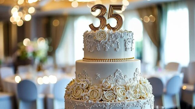 35th birthday cake adorned a gold accents. Birthday party. Blurred light festive background. Golden balloons. Thirty five years, Thirty-fifth anniversary. Celebration cake, golden candles. Numbers 35