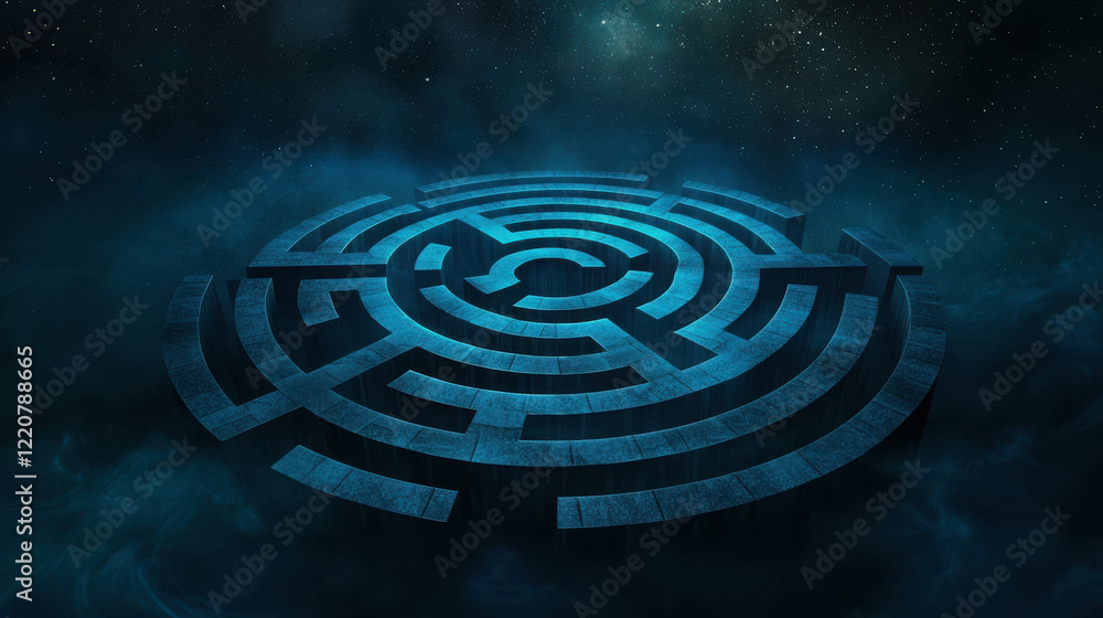 Poster an endless labyrinth floating in a cosmic void surrounded by stars and mystical light effects