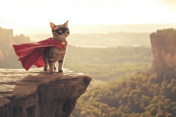 Obraz premium Heroic cat in red cape stands on cliff overlooking scenic valley at sunrise