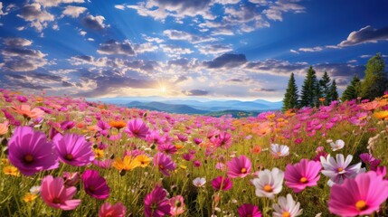 A vibrant summer flower meadow in full bloom with a variety of colorful wildflowers stretching across the landscape