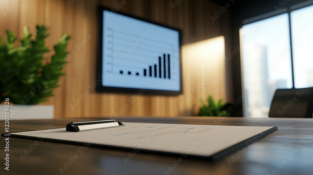 Poster modern executive office with revenue growth chart on display and clutter-free workspace