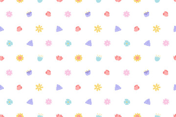 Floral pattern in the style of the 70s with flowers. Trendy floral seamless pattern. Colorful pastel color background, nature background with spring plants. Retro floral vector design