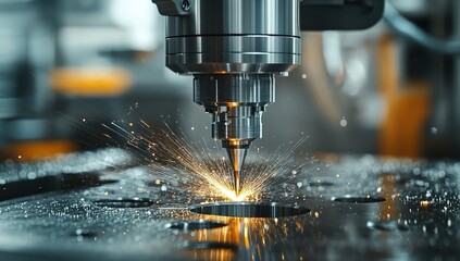 A close-up shot of an advanced machine in action, with visible sparks and light reflections on the metal surface as it screws out a small hole from its head