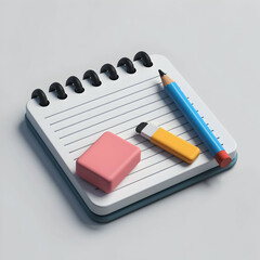 Colorful notebook with pencil, eraser, and sharpener
